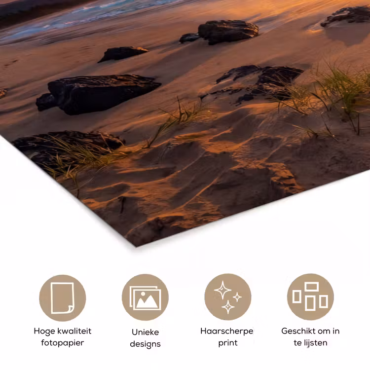 Poster - Strand - Zonsondergang - Golven - Natuur - Oranje — 5