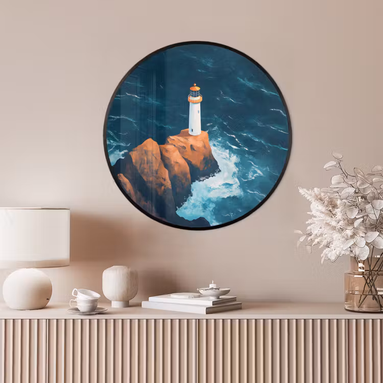 Ronde fotolijst - Vuurtoren - Rots - Zee - Golven — 4