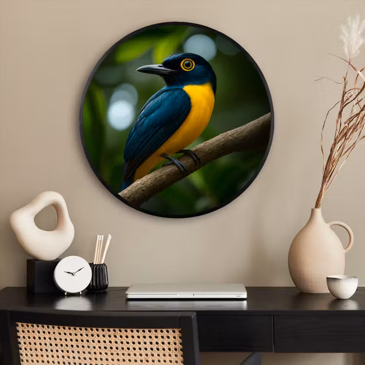 Ronde fotolijst - Vogel - Tak - Geel - Bladeren — 2