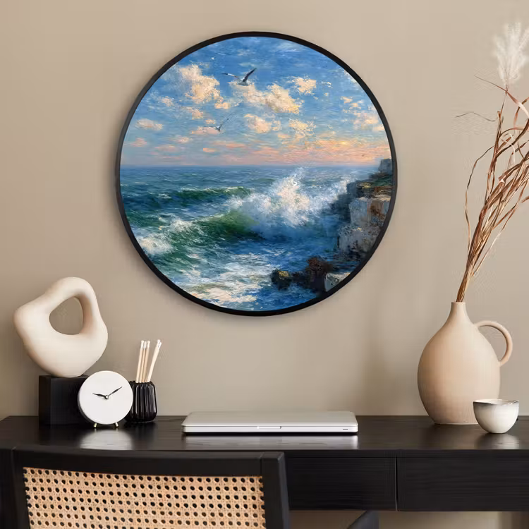 Ronde fotolijst - Zee - Golven - Rotsen - Meeuwen — 2