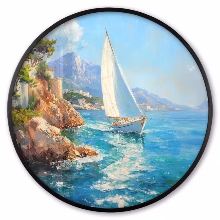 Ronde fotolijst - Zeilboot - Rotsen - Kust - Huizen — 1