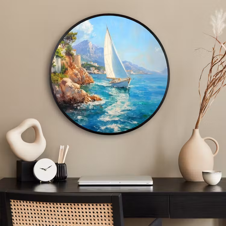 Ronde fotolijst - Zeilboot - Rotsen - Kust - Huizen — 2