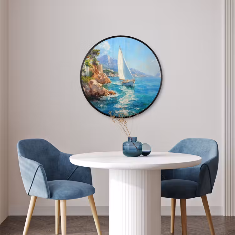 Ronde fotolijst - Zeilboot - Rotsen - Kust - Huizen — 3