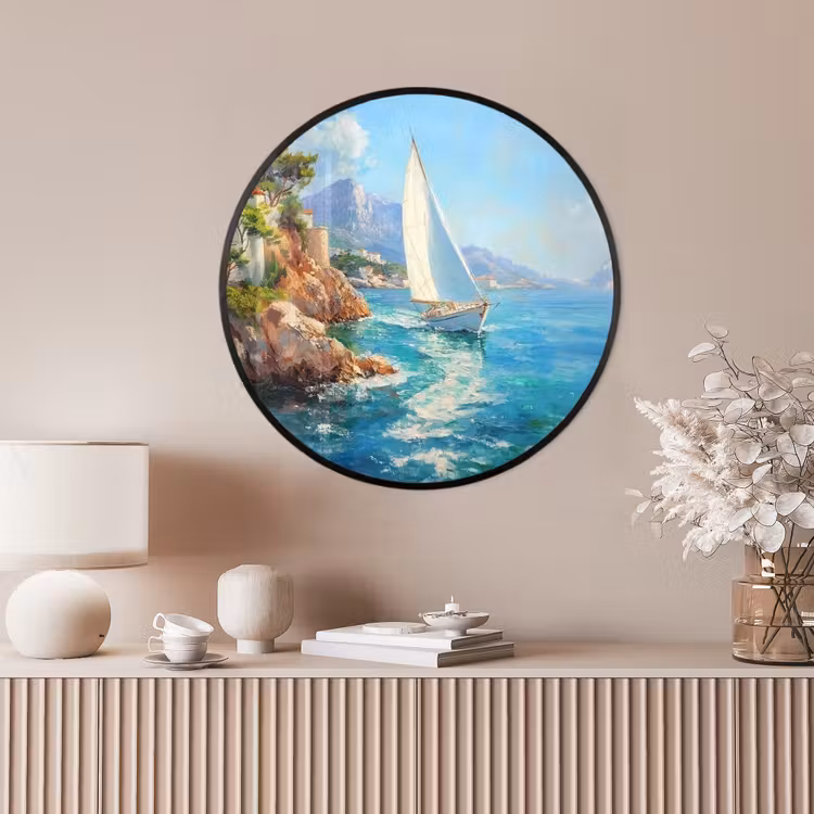 Ronde fotolijst - Zeilboot - Rotsen - Kust - Huizen — 4