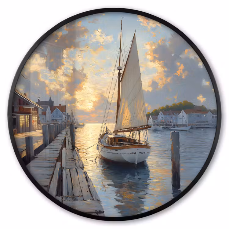 Ronde fotolijst - Zeilboot - Zon - Pier - Hout — 1