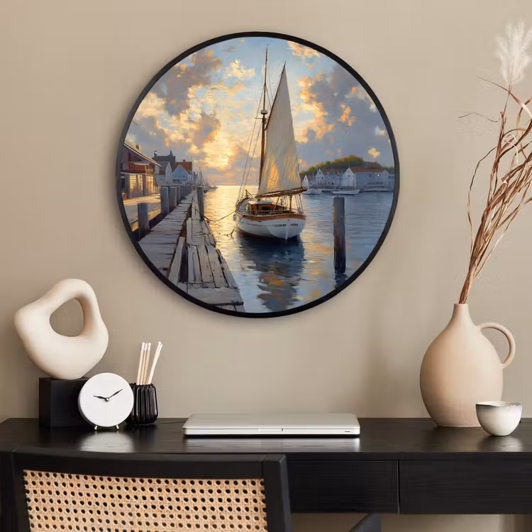 Ronde fotolijst - Zeilboot - Zon - Pier - Hout — 2
