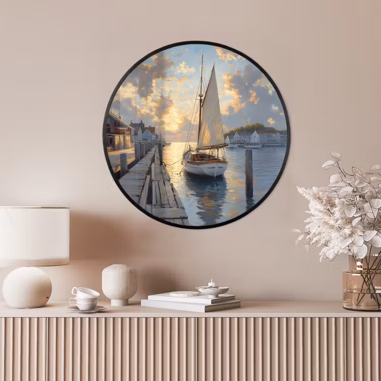 Ronde fotolijst - Zeilboot - Zon - Pier - Hout — 4