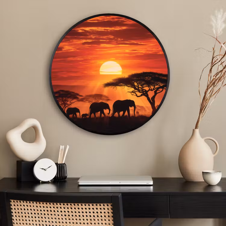 Ronde fotolijst - Savanne - Olifanten - Zonsondergang — 2