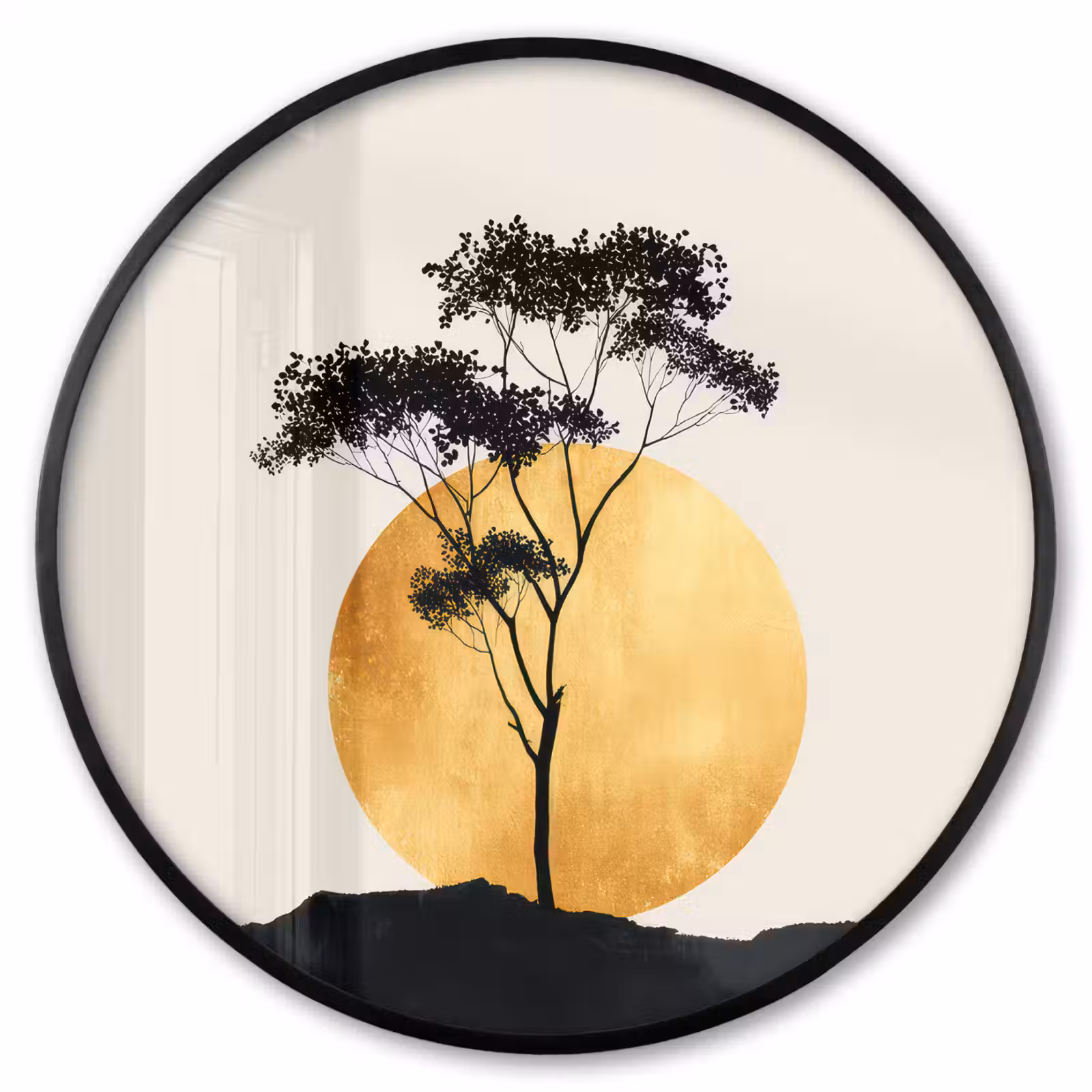Ronde fotolijst - Zwarte boom - Gouden cirkel - Heuvel — 1