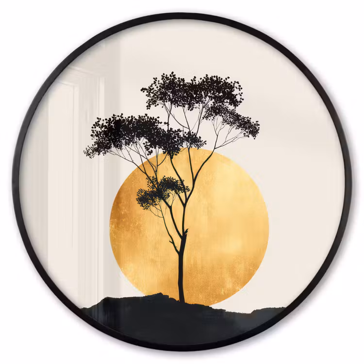 Ronde fotolijst - Zwarte boom - Gouden cirkel - Heuvel — 1