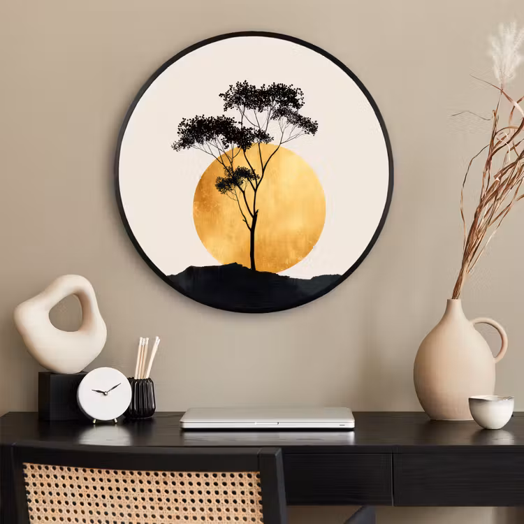 Ronde fotolijst - Zwarte boom - Gouden cirkel - Heuvel — 2