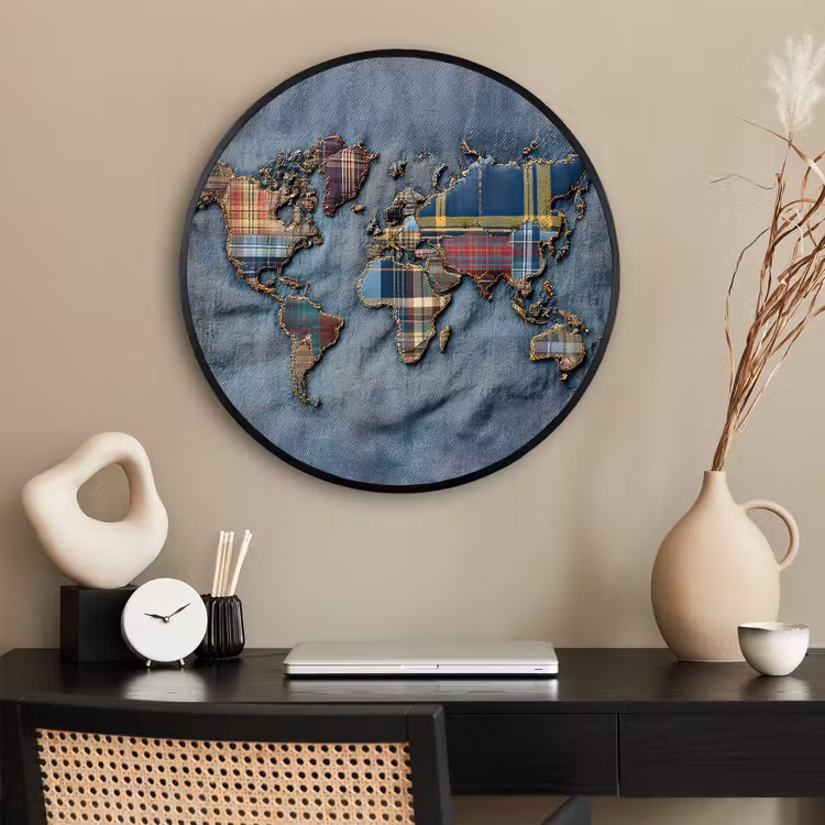 Ronde fotolijst - Wereldkaart - Denim - Textiel — 2