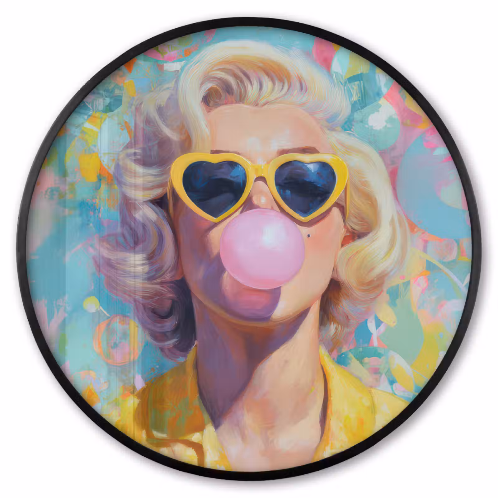 Ronde fotolijst - Vrouw - Blond - Roze kauwgom - Kleurrijk - Pastel — 1