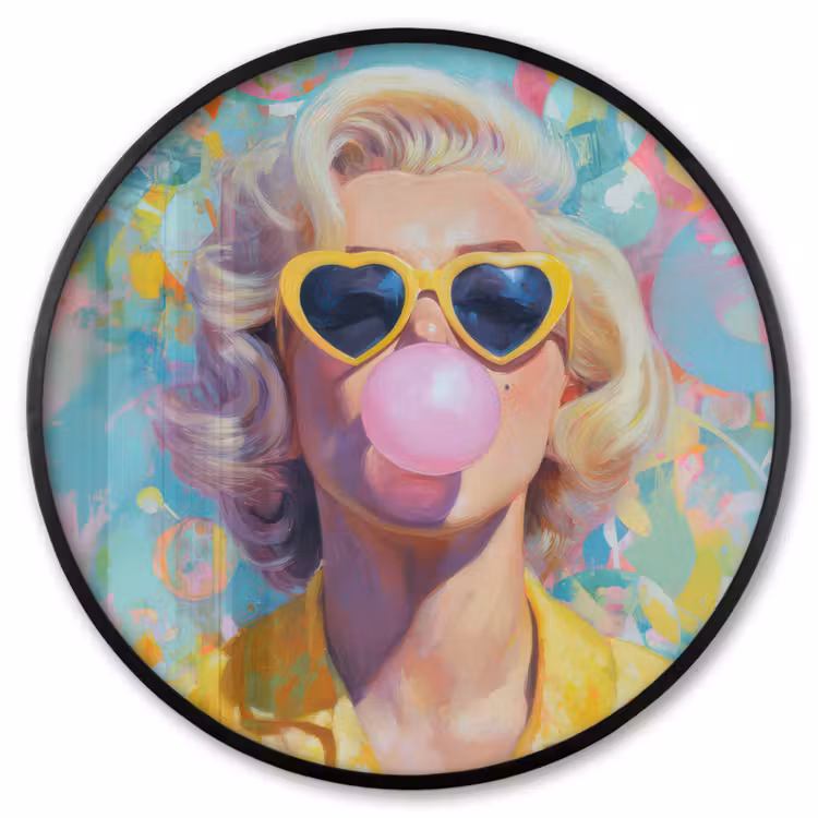 Ronde fotolijst - Vrouw - Blond - Roze kauwgom - Kleurrijk - Pastel — 1