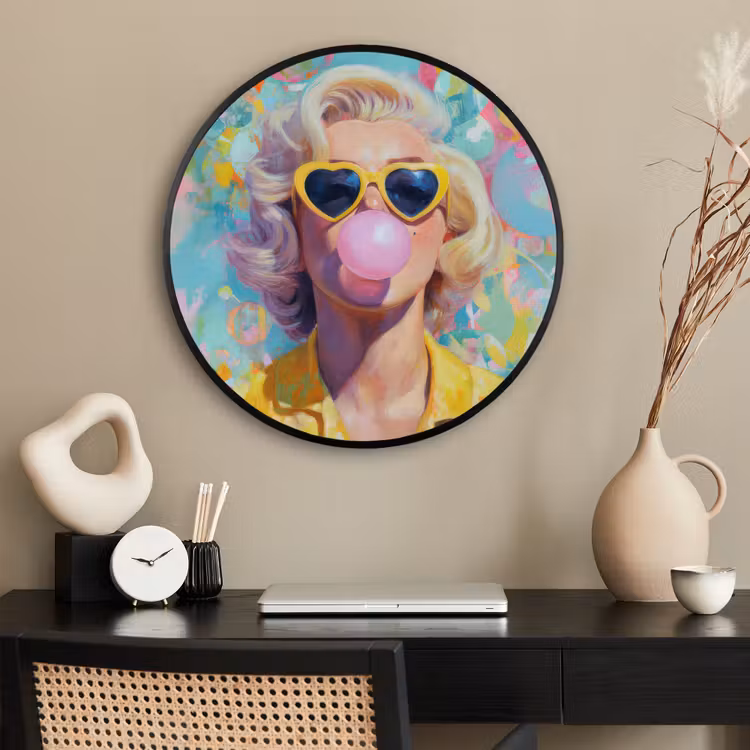 Ronde fotolijst - Vrouw - Blond - Roze kauwgom - Kleurrijk - Pastel — 2