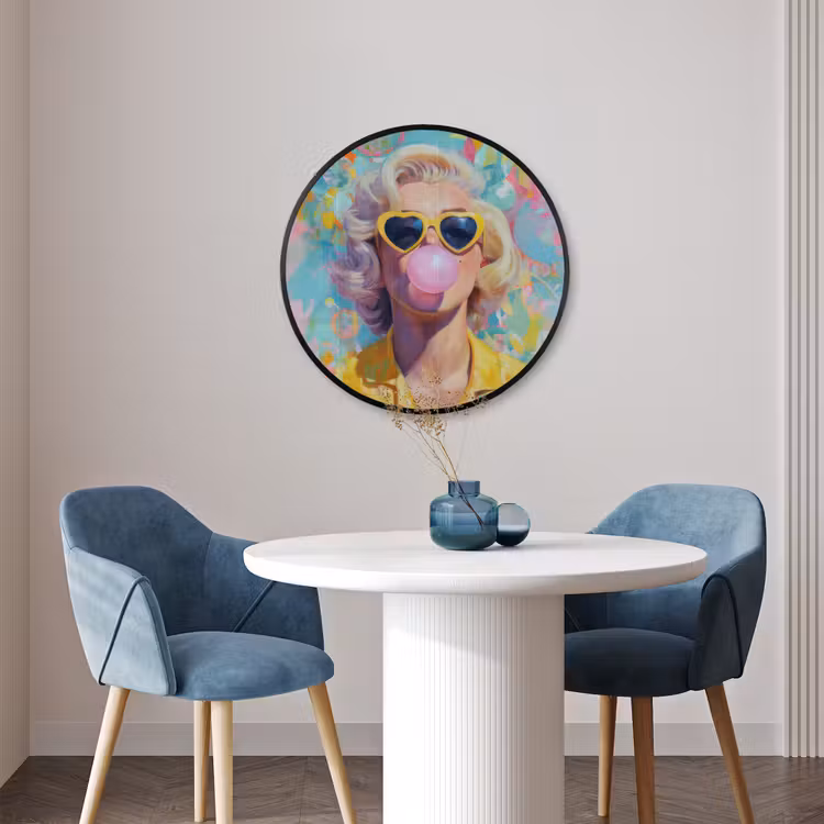 Ronde fotolijst - Vrouw - Blond - Roze kauwgom - Kleurrijk - Pastel — 3