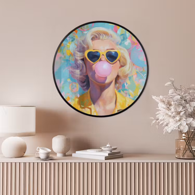 Ronde fotolijst - Vrouw - Blond - Roze kauwgom - Kleurrijk - Pastel — 4