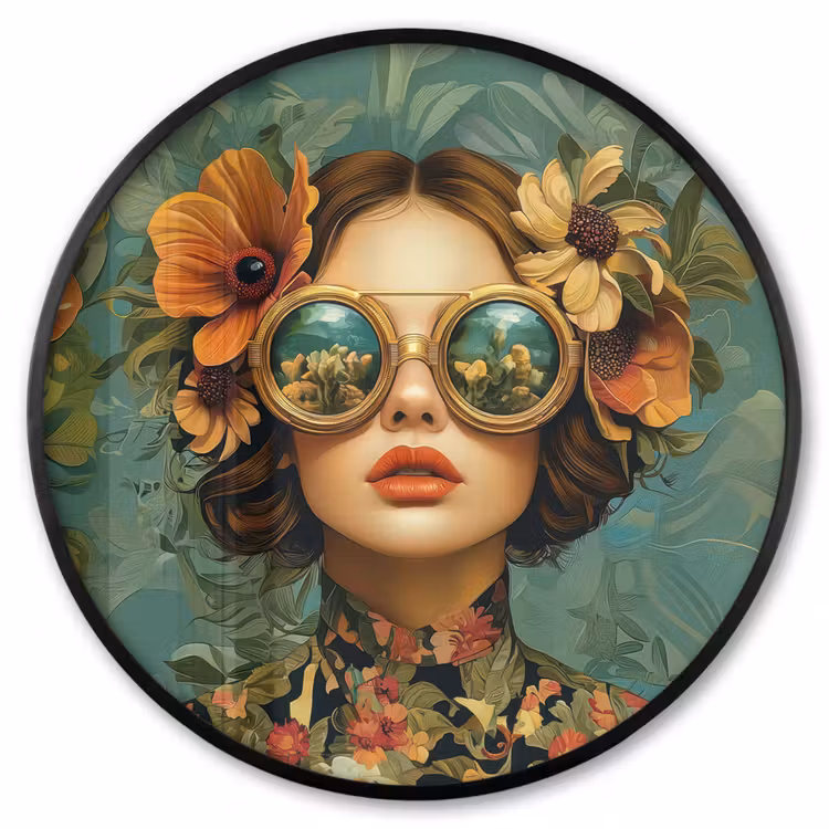 Ronde fotolijst - Vrouw - Bloemen - Vlinders - Natuur - Vintage — 1