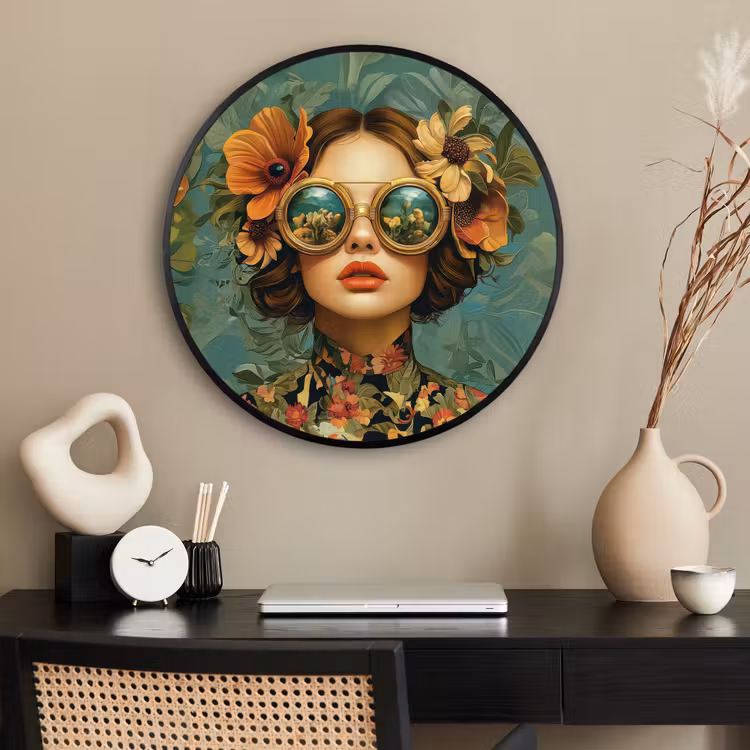 Ronde fotolijst - Vrouw - Bloemen - Vlinders - Natuur - Vintage — 2