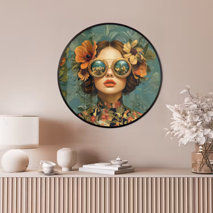 Ronde fotolijst - Vrouw - Bloemen - Vlinders - Natuur - Vintage — 4