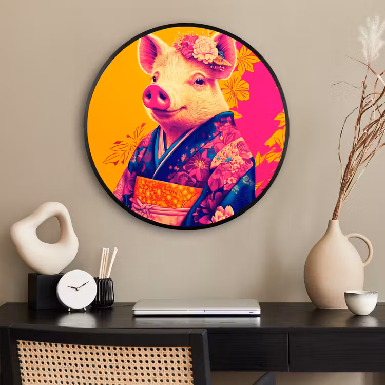 Ronde fotolijst - Varken - Bloemkroon - Kimono - Abstract — 2