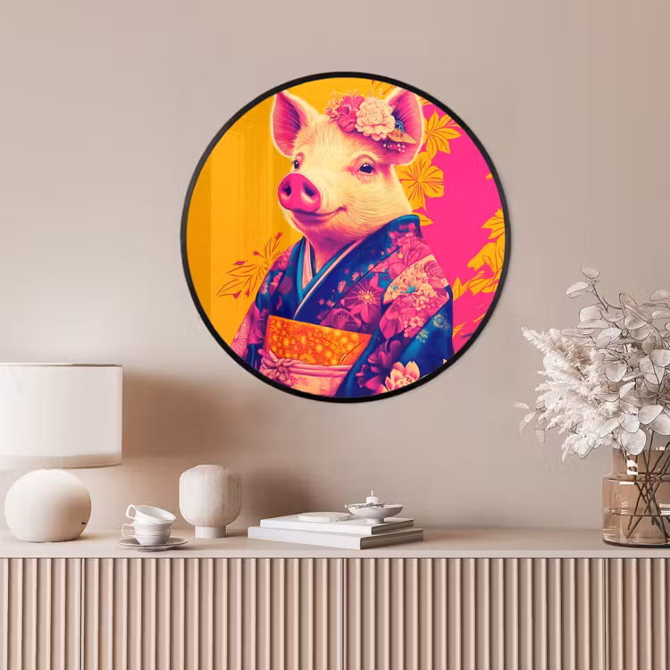 Ronde fotolijst - Varken - Bloemkroon - Kimono - Abstract — 4