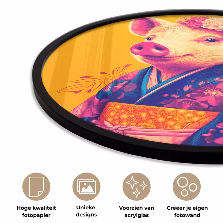 Ronde fotolijst - Varken - Bloemkroon - Kimono - Abstract — 5