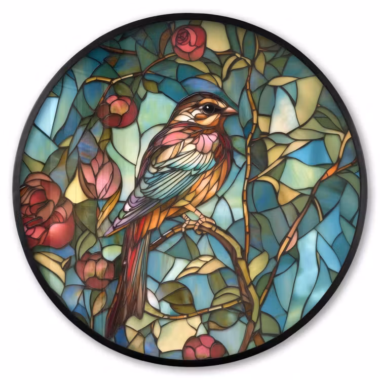 Ronde fotolijst - Vogel - Tak - Rozen - Mozaïek — 1