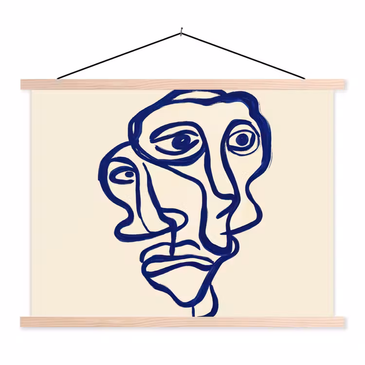 Schoolplaat - Lijntekening - Overlappende gezichten - Donkerblauw — 1