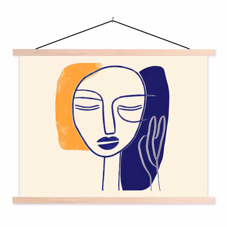 Schoolplaat - Minimalistisch - Gezicht - Hand - Oranje - Blauw — 1