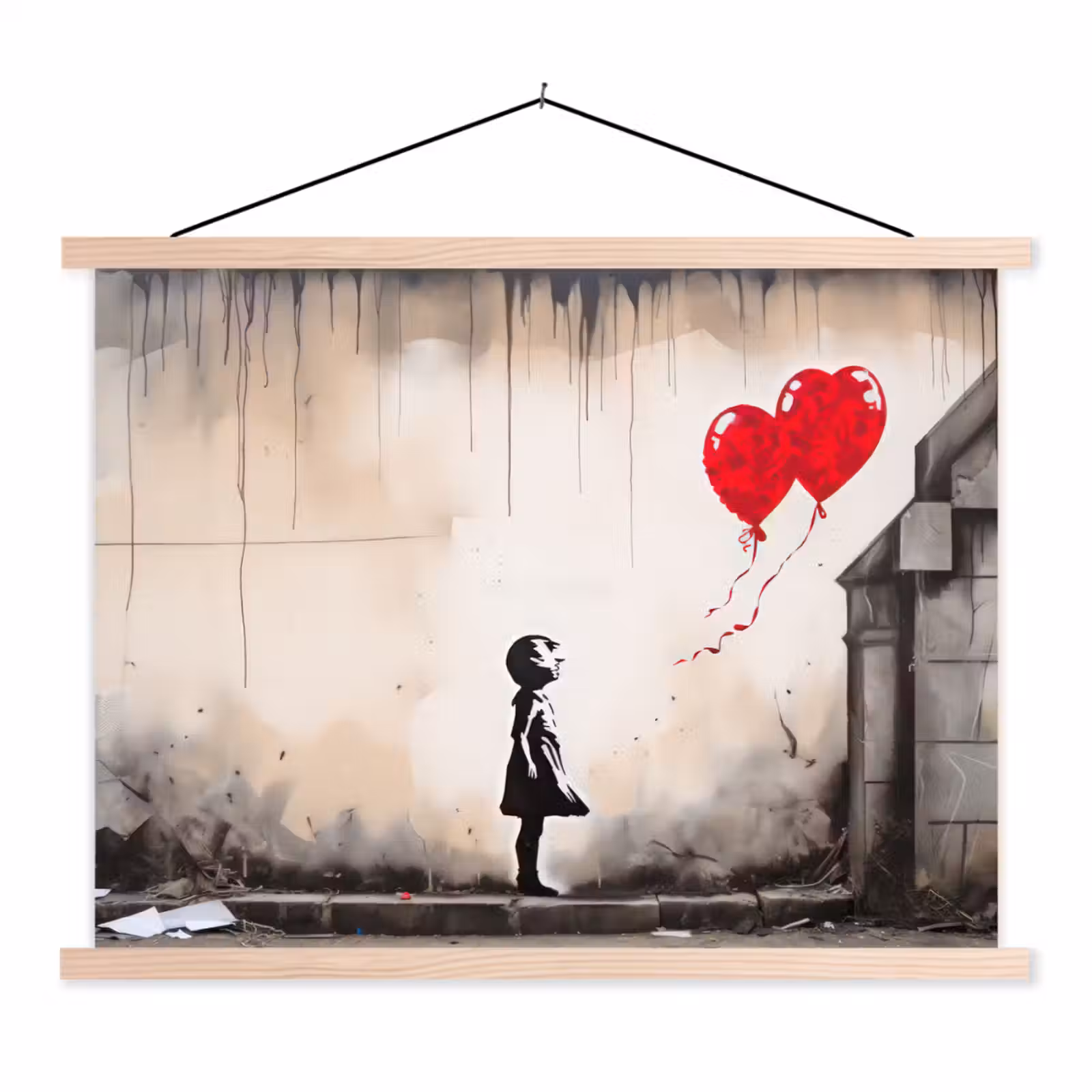 Schoolplaat - Kunst - Meisje - Ballonnen - Hart - Grijs — 1