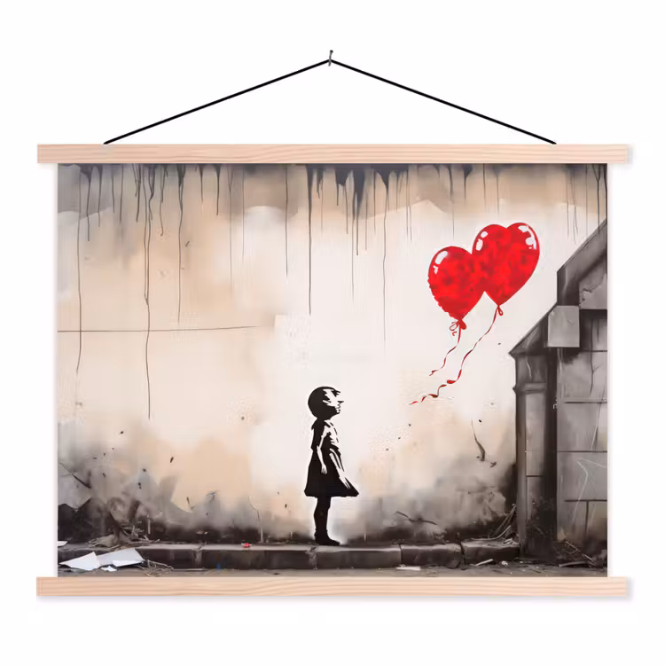 Schoolplaat - Kunst - Meisje - Ballonnen - Hart - Grijs — 1