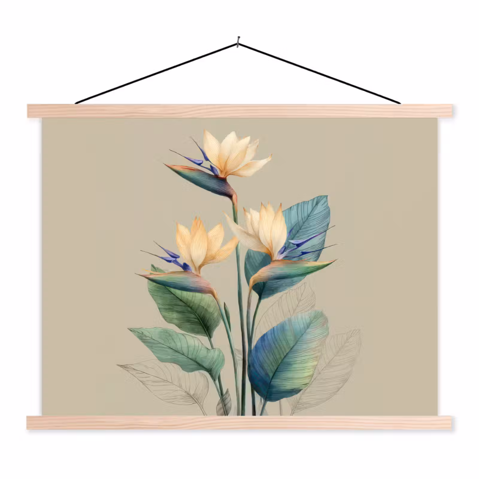 Schoolplaat - Paradijsvogelbloemen - Blauwgroene bladeren - Beige — 1