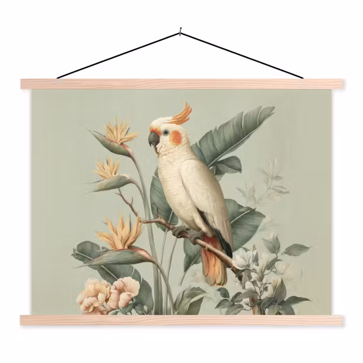 Schoolplaat - Gele kuifkaketoe - paradijsvogelbloemen - Groen — 1