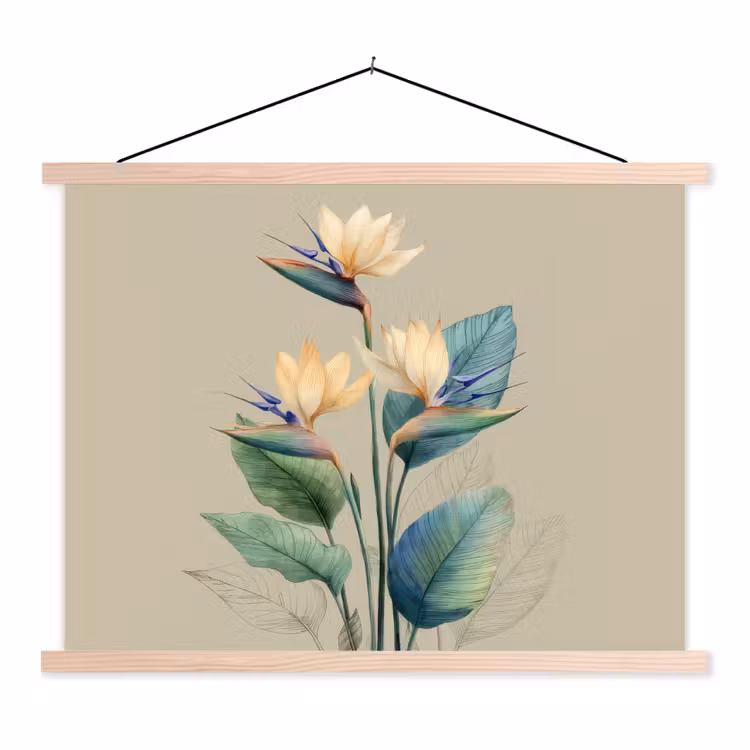 Schoolplaat - Paradijsvogelbloemen - Blauwgroene bladeren - Beige — 1