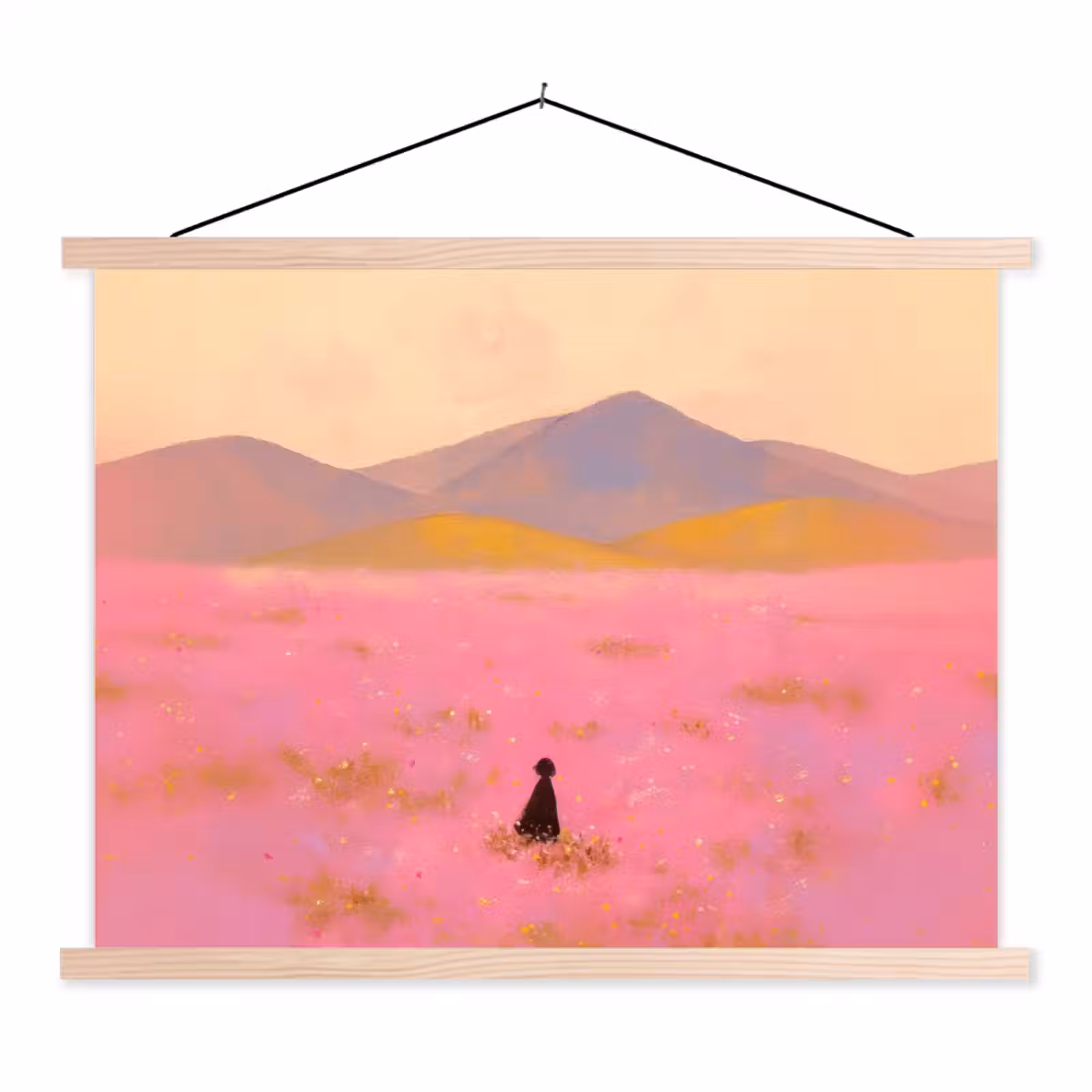 Schoolplaat - Bloemenweide - Heuvels - Silhouet - Roze — 1