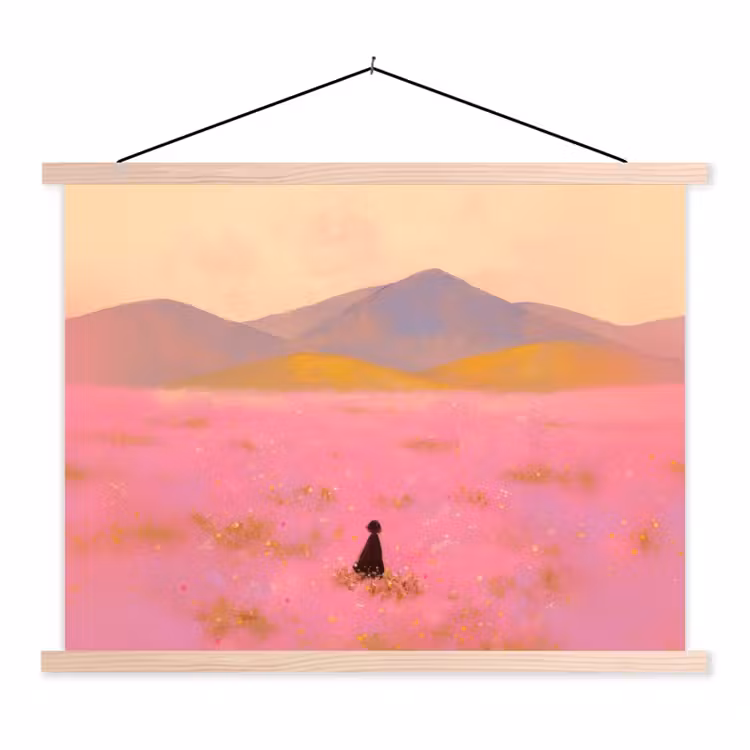 Schoolplaat - Bloemenweide - Heuvels - Silhouet - Roze — 1