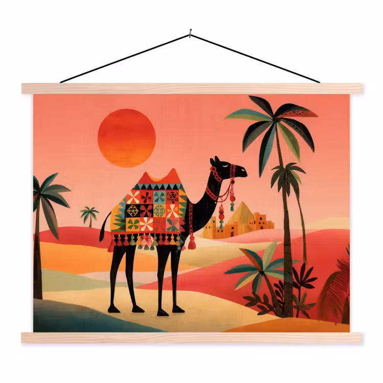 Schoolplaat - Kameel - Gekleurd tapijt - Duinen - Rode zon — 1