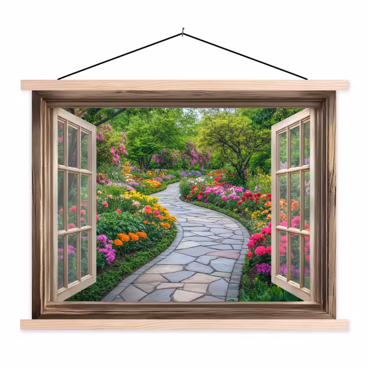 Schoolplaat - Doorkijk - Bloemen - Tuinpad - Natuur - Raam — 1