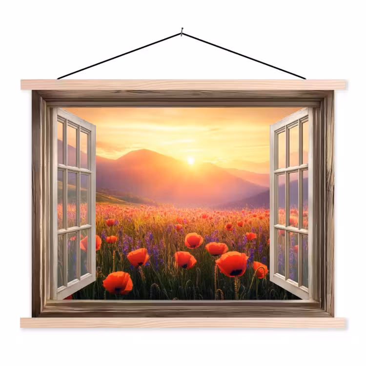 Schoolplaat - Doorkijk - Klaprozen - Bloemen - Rood - Open raam — 1