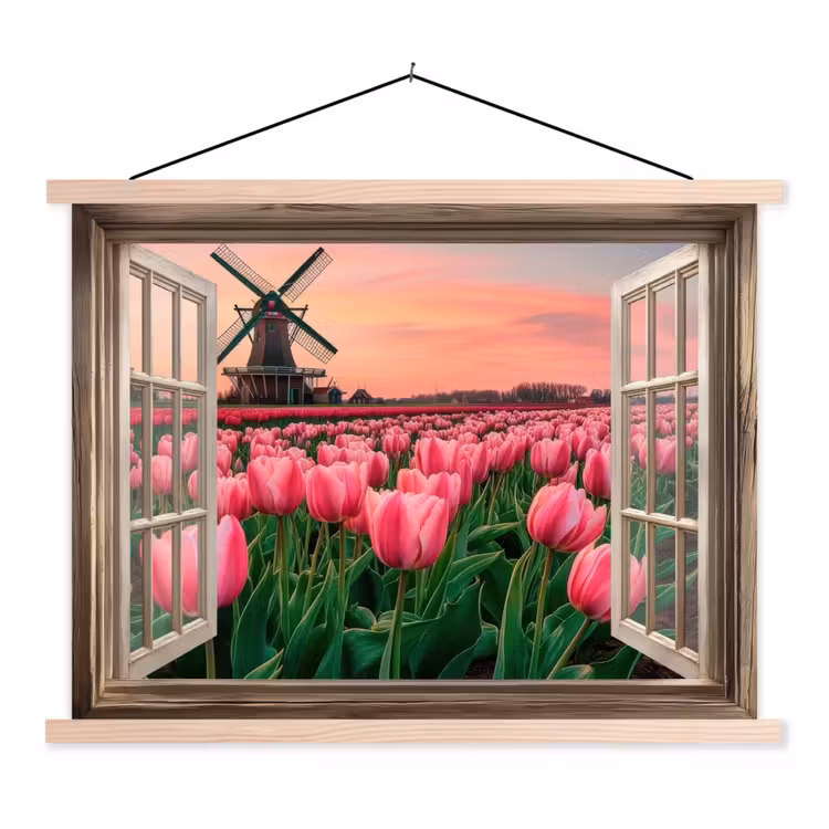 Schoolplaat - Doorkijk - Tulpen - Bloemen - Molen - Raam — 1