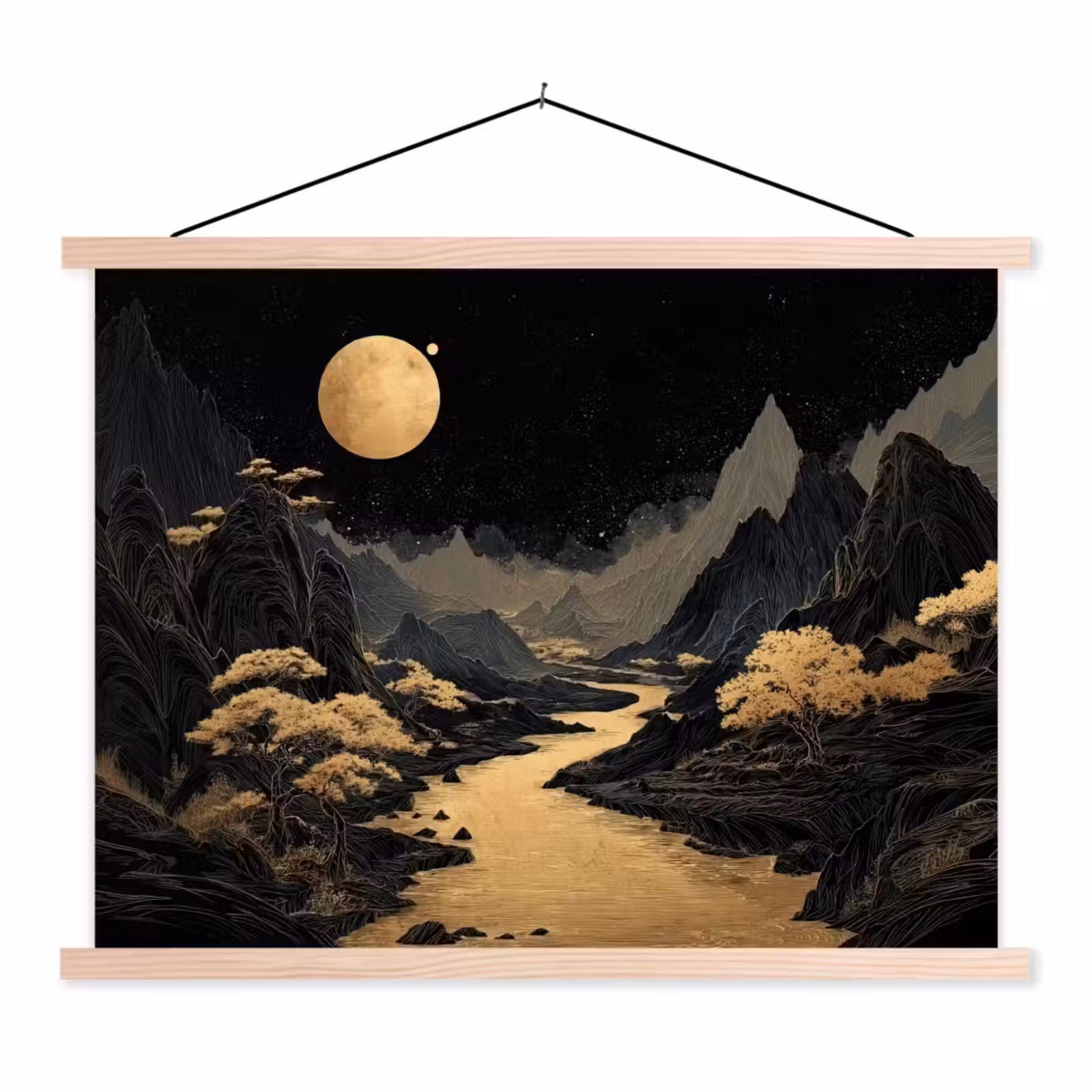 Schoolplaat - Gouden rivier - Bergen - Maan - Sterrenhemel — 1