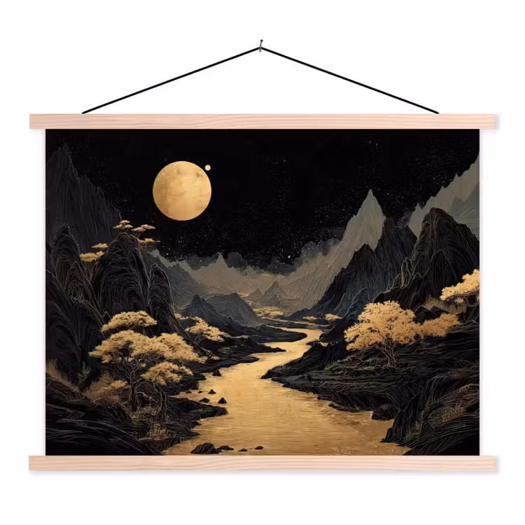 Schoolplaat - Gouden rivier - Bergen - Maan - Sterrenhemel — 1