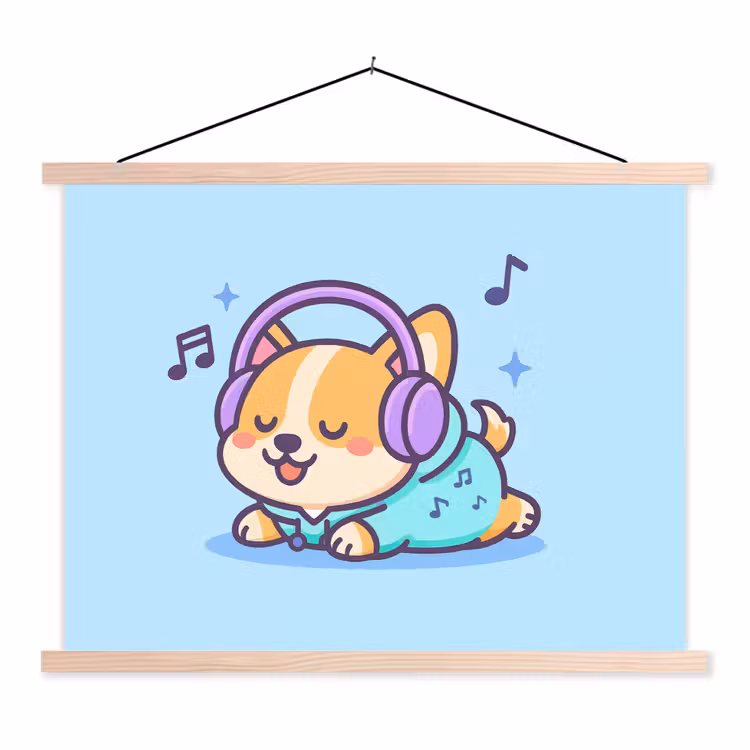 Schoolplaat - Corgi - Koptelefoon - Blauw - Muzieknoten — 1