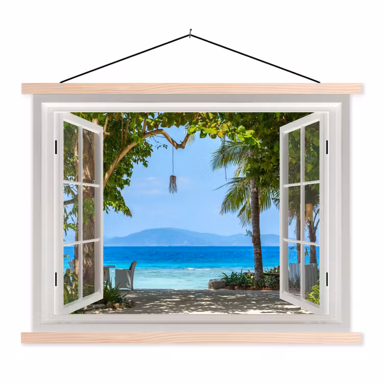 Schoolplaat - Doorkijk - Boom - Zee - Palmboom - Heuvels - Strand - Blauw — 1