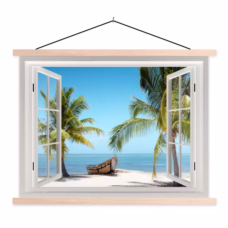 Schoolplaat - Doorkijk - Strand - Palmboom - Boot - Tropisch - Zee - Blauw — 1