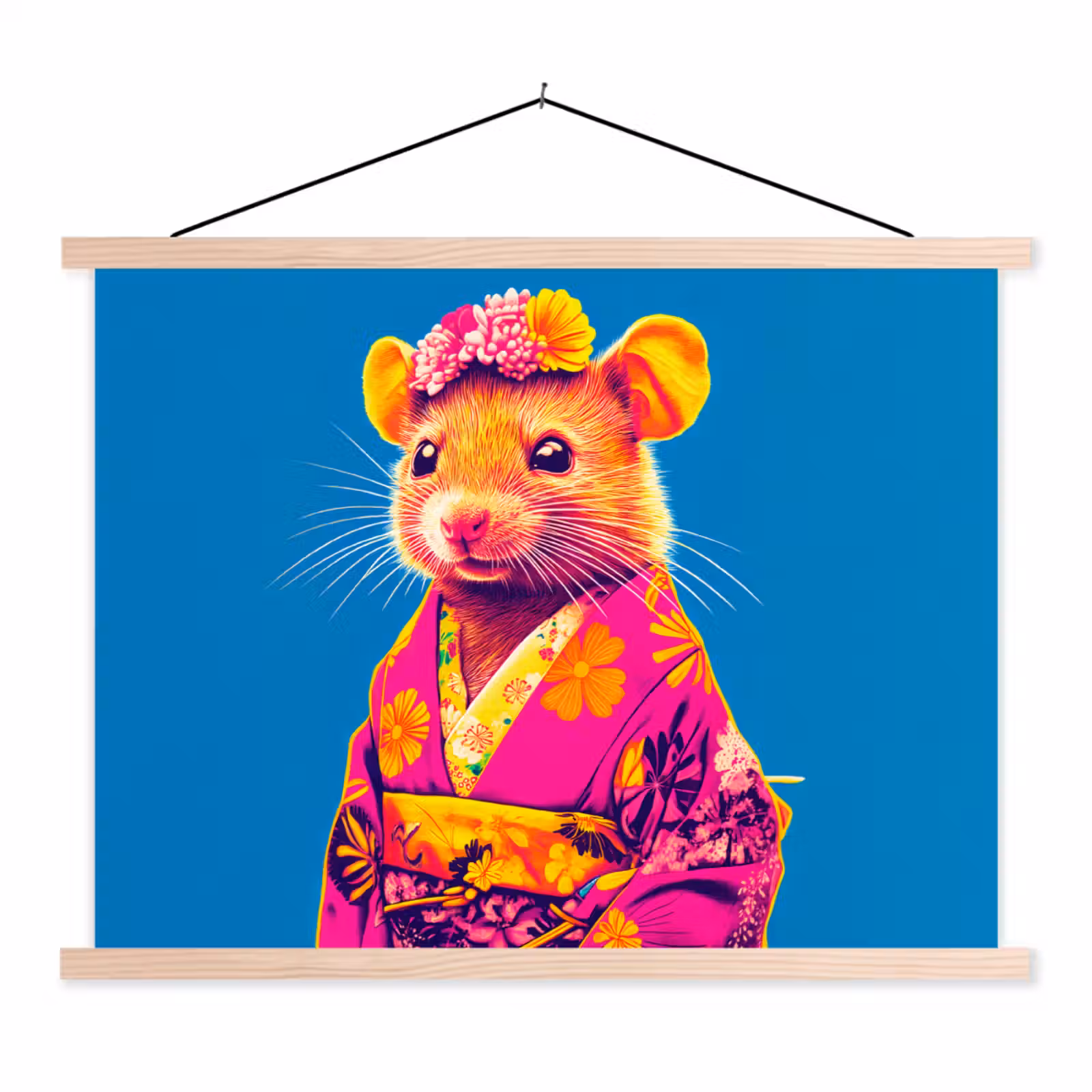 Schoolplaat - Muis - Kimono - Bloemen - Blauw — 1