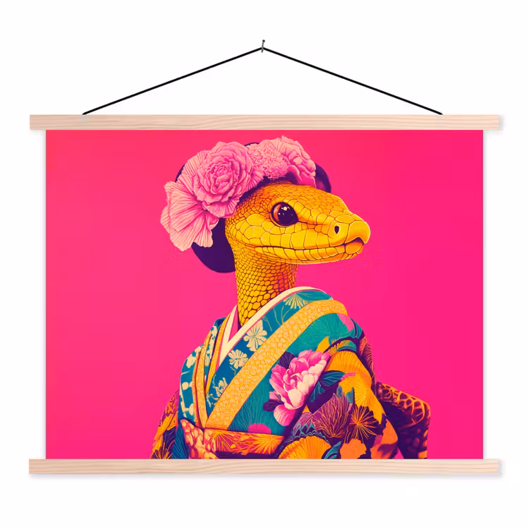 Schoolplaat - Hagedis - Bloemen - Roze - Kimono — 1