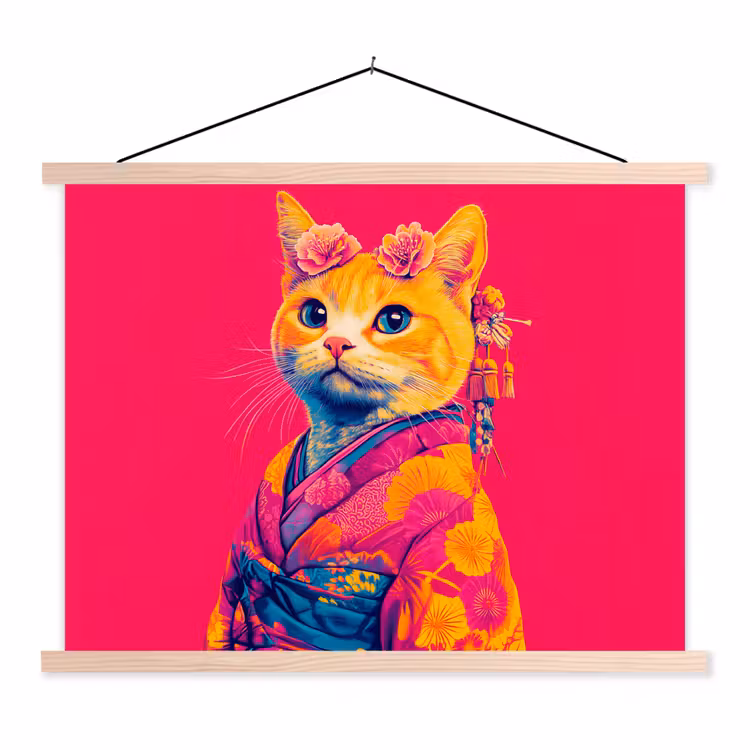 Schoolplaat - Kat - Kimono - Bloemen - Roze — 1