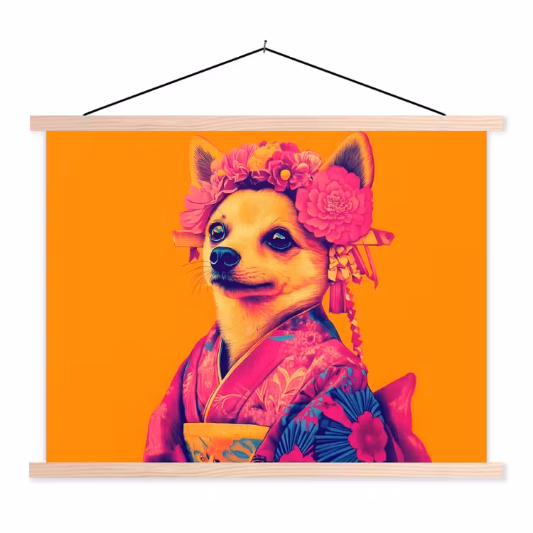 Schoolplaat - Kimono - Hondje - Bloemenkroon - Oranje — 1